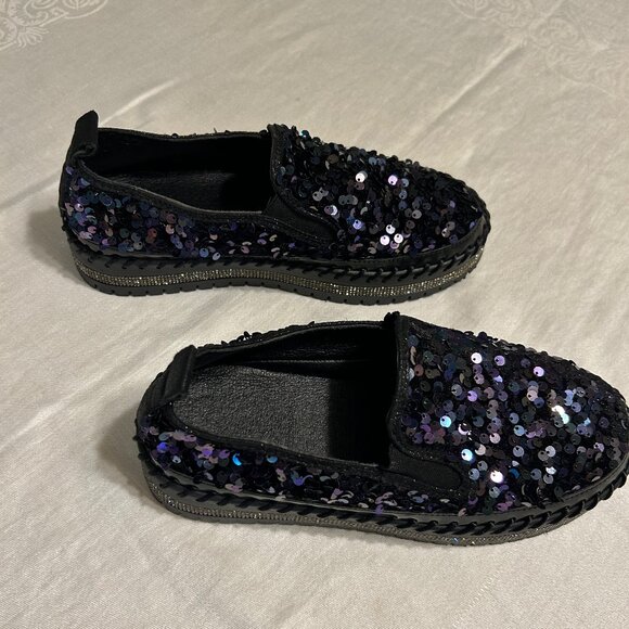 Black Iridescent Sequin Slip-On Platform Sneakers. - Picture 1 of 6